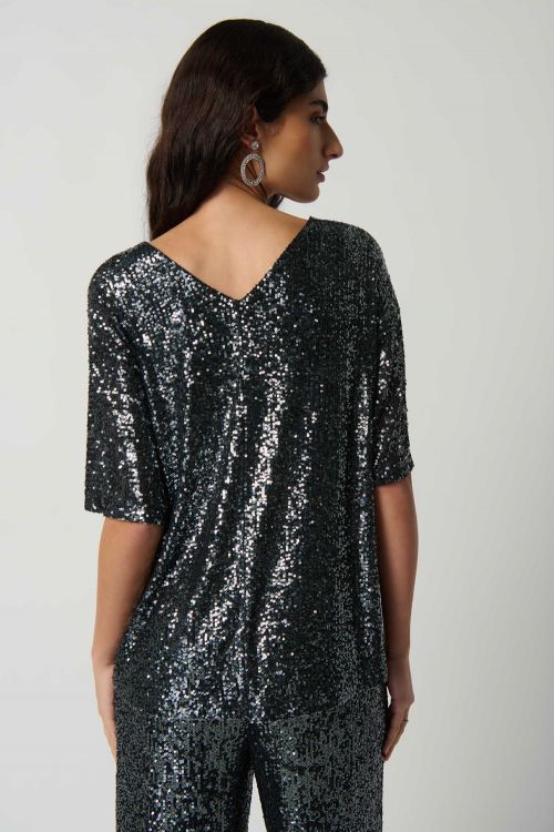 Joseph Ribkoff Black/Gunmetal Sequin Dolman Sleeve Boxy Top Style 234216