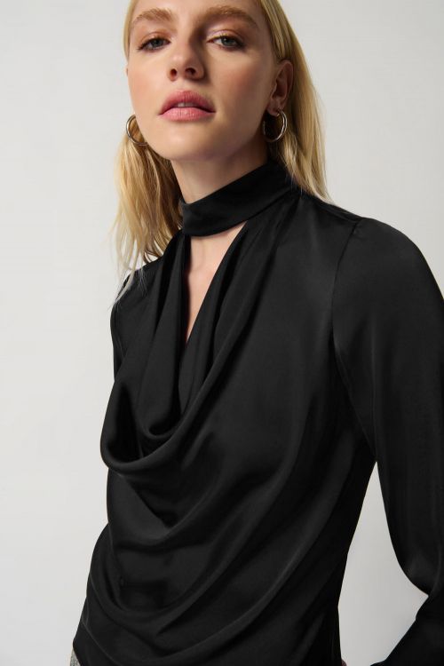 Joseph Ribkoff Black Satin Top With Mock Collar and Cowl Neckline Style 