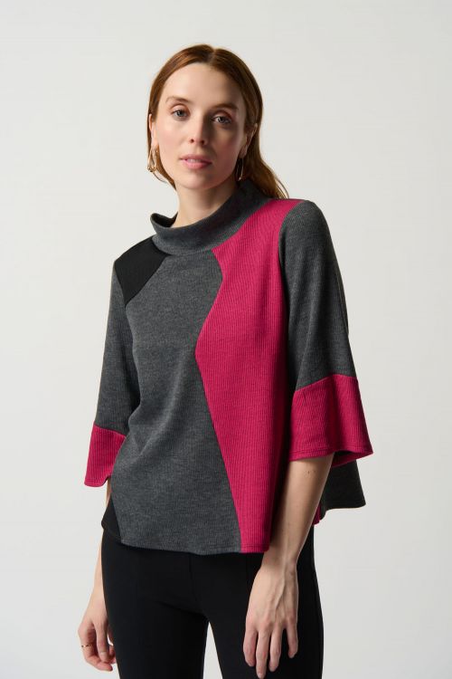 Joseph Ribkoff Grey/Pink/Black Color Block Trapeze Top Style 234228