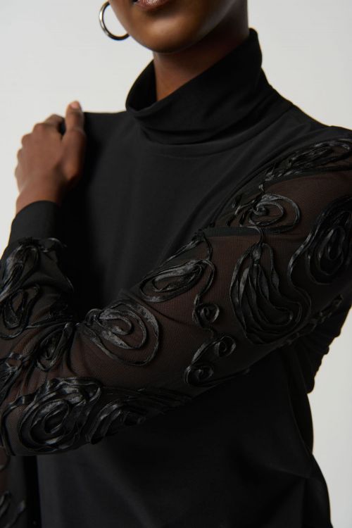 Joseph Ribkoff Black Turtleneck Top With Mesh Soutache Sleeves Style 234255