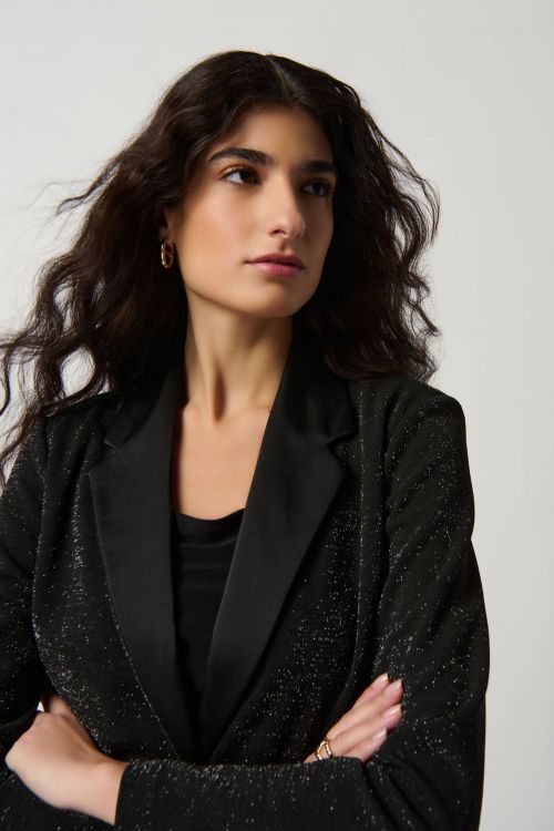 Joseph Ribkoff Black Metallic Knit Blazer With Satin Lapel Style 234275