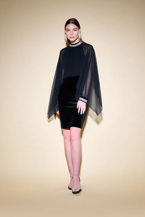 Joseph Ribkoff Black Velvet And Chiffon Dress With Cape And Rhinestone Collar Style 234706