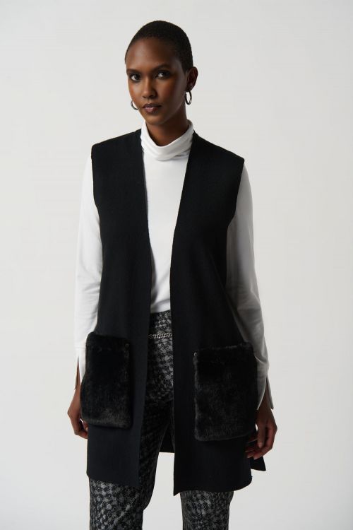 Joseph Ribkoff Black Sweater Knit And Faux Fur Vest Style 234912