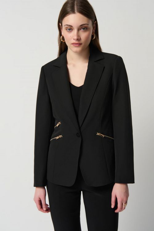 Joseph Ribkoff Black Woven Blazer With Zippered Pockets Style 234929