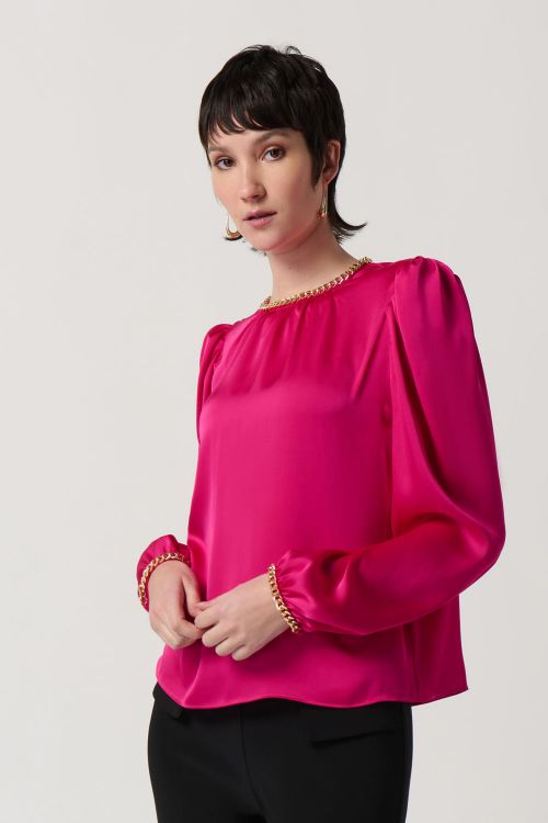 Joseph Ribkoff Shocking Pink Satin Puff Sleeve Top With Gold Chain Style 234934