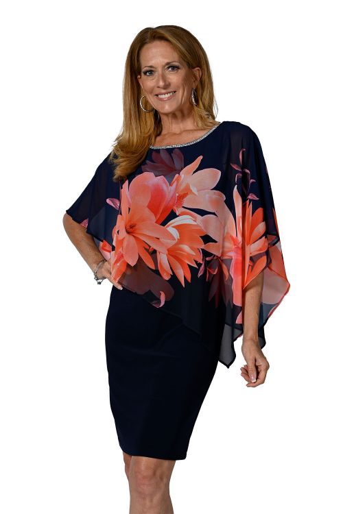 Frank Lyman Navy/Coral Floral Print Chiffon Dress Style 238348