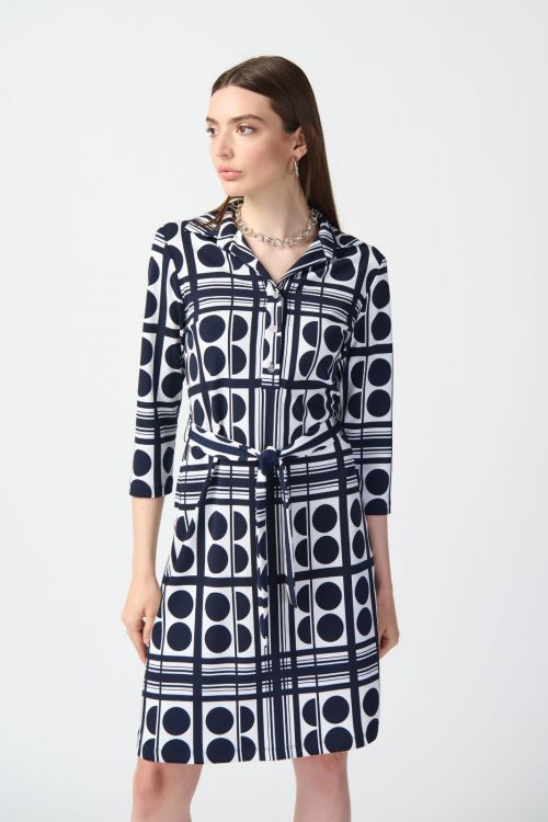 Joseph Ribkoff Vanilla/Midnight Blue Dot Print Belted Shirt Dress Style 241001