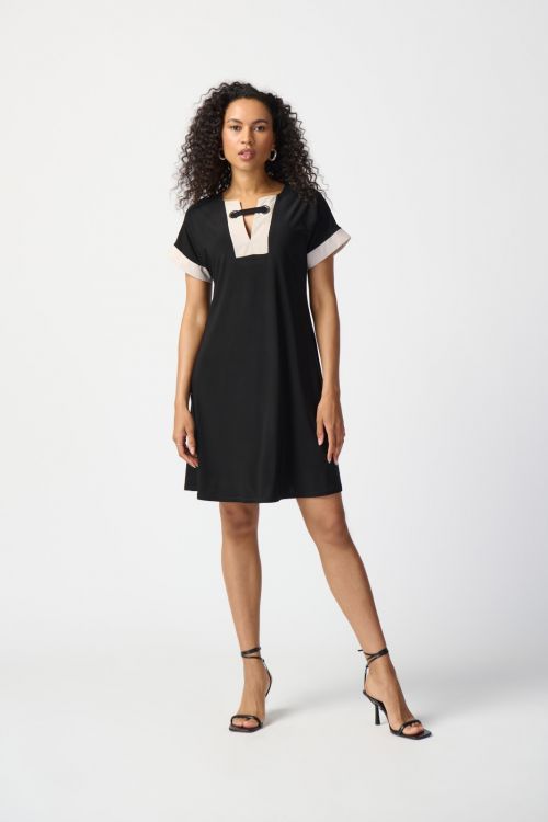 Joseph Ribkoff Black/Moonstone Colour-Block A-line Dress Style 241030