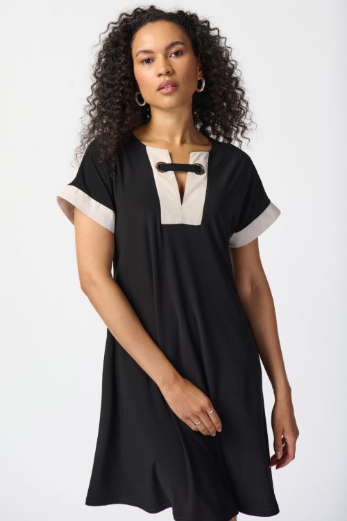 Joseph Ribkoff Black/Moonstone Colour-Block A-line Dress Style 241030