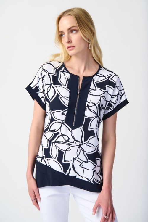 Joseph Ribkoff Midnight Blue/Vanilla Leaf Print Top Style 241032