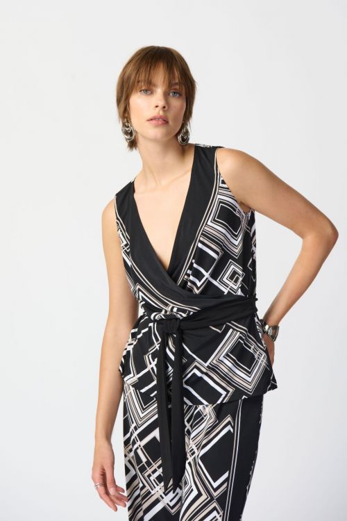 Joseph Ribkoff Black/Multi Geometric Print Wrap Top Style 241085