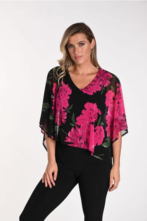 Frank Lyman Black/Fuchsia Floral Print Chiffon Top Style 241100