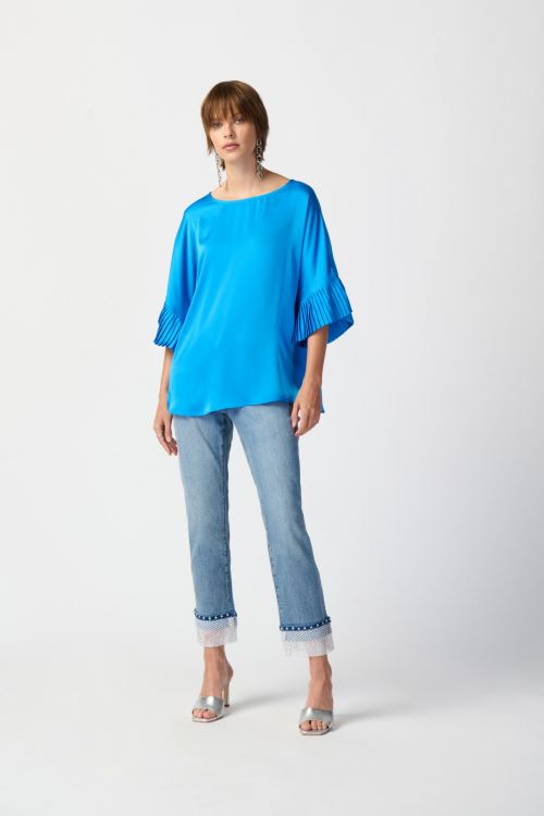 Joseph Ribkoff French Blue Boxy Top with Ruffle Sleeves Style 241182