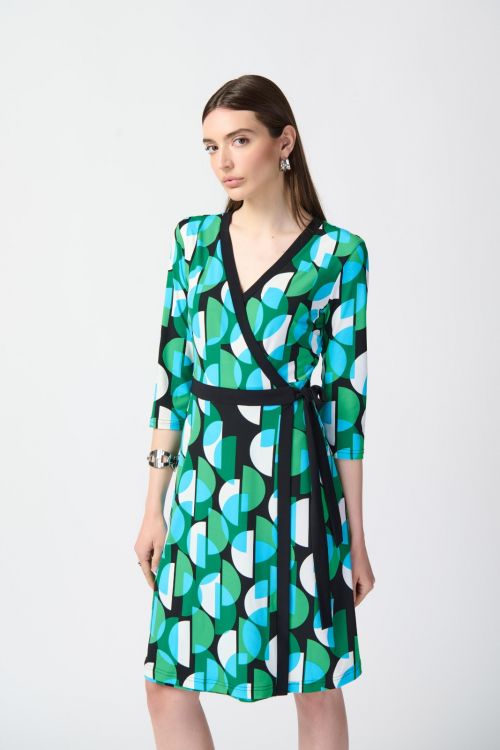 Joseph Ribkoff Black/Multi Geometric Print Wrap Dress Style 241211