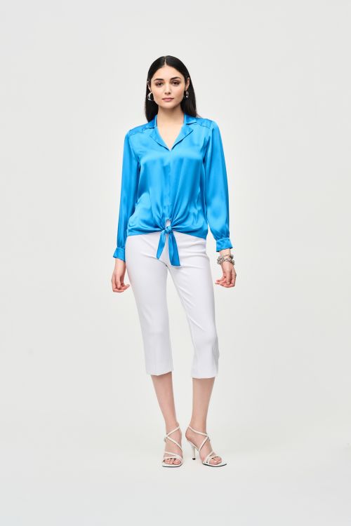 Joseph Ribkoff French Blue Puff Sleeve Satin Top Style 241214