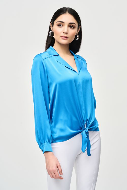 Joseph Ribkoff French Blue Puff Sleeve Satin Top Style 241214