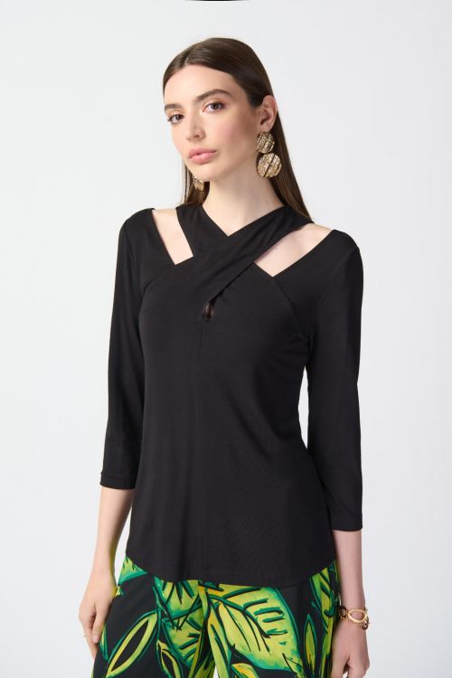 Joseph Ribkoff Black Bamboo Jersey Cutout Fitted Top Style 241240