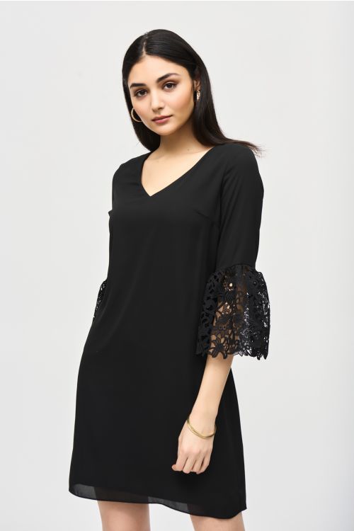 Joseph Ribkoff Black Georgette and Guipure Trapeze Dress Style 241252