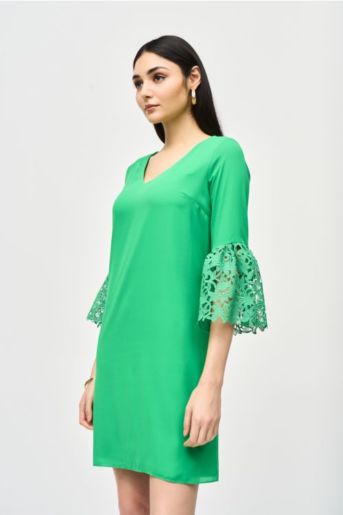 Joseph Ribkoff Island Green Georgette and Guipure Trapeze Dress Style 241252