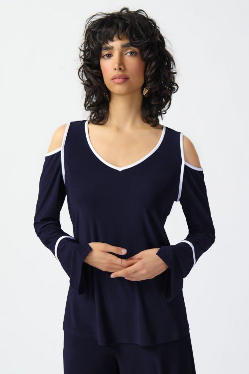 Joseph Ribkoff Midnight Blue/Vanilla Cold Shoulder Straight Top Style 241257