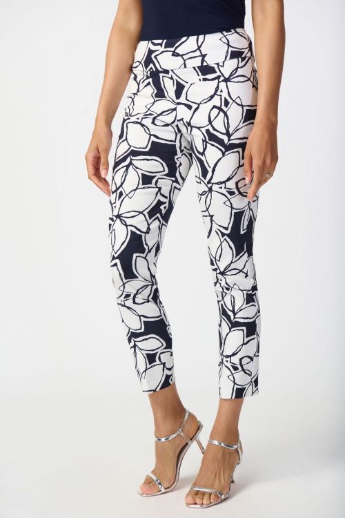 Joseph Ribkoff Midnight Blue/Vanilla Leaf Print Pull-On Pants Style 241270