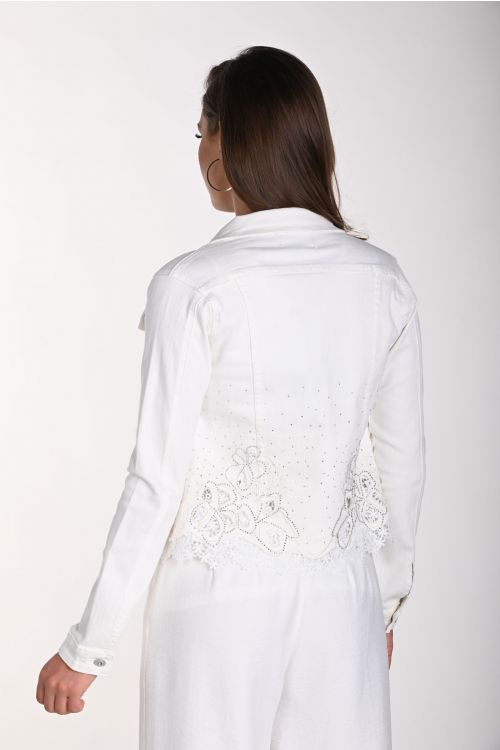 Frank Lyman Off-White Floral Lace Insert Denim Jacket Style 241317U