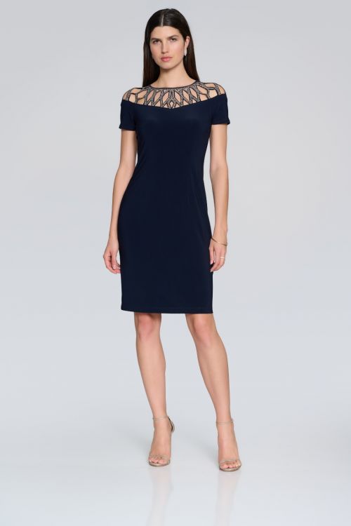 Joseph Ribkoff Midnight Blue Sheath Dress With Embellished Neckline Style 241716