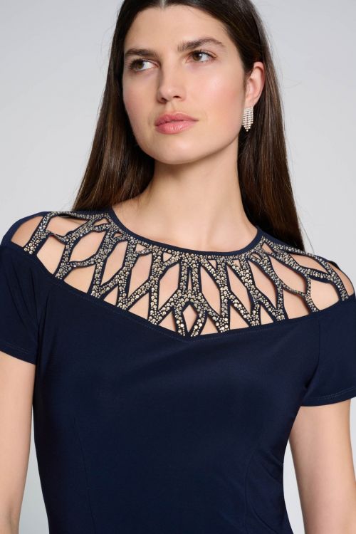 Joseph Ribkoff Midnight Blue Sheath Dress With Embellished Neckline Style 241716