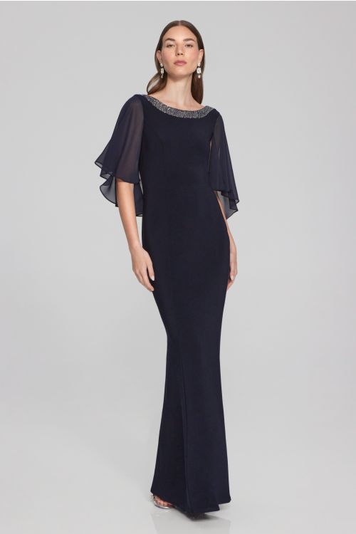 Joseph Ribkoff Midnight Blue Silky Knit and Chiffon Trumpet Gown Style 241717