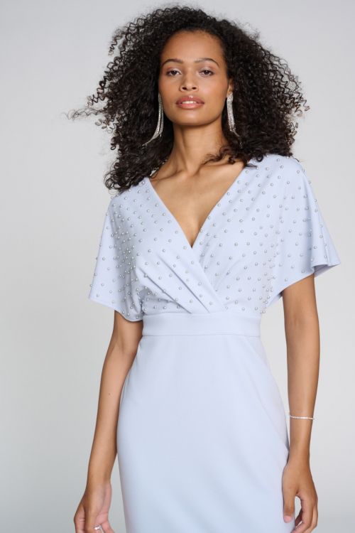 Joseph Ribkoff Celestial Blue Wrap Dress with Pearl Detail Style 241761