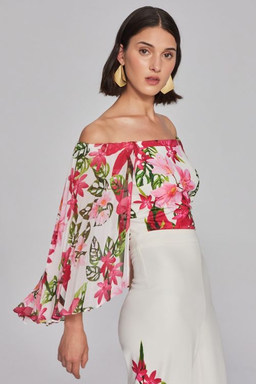 Joseph Ribkoff Vanilla/Multi Floral Print Chiffon Off-the-Shoulder Top Style 241780