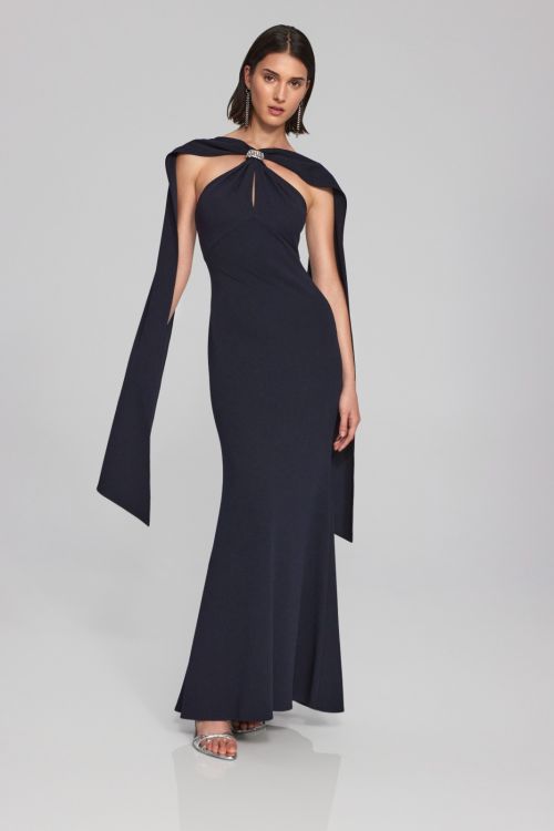 Joseph Ribkoff Midnight Blue Trumpet Gown with Rhinestone Detail Style 241786