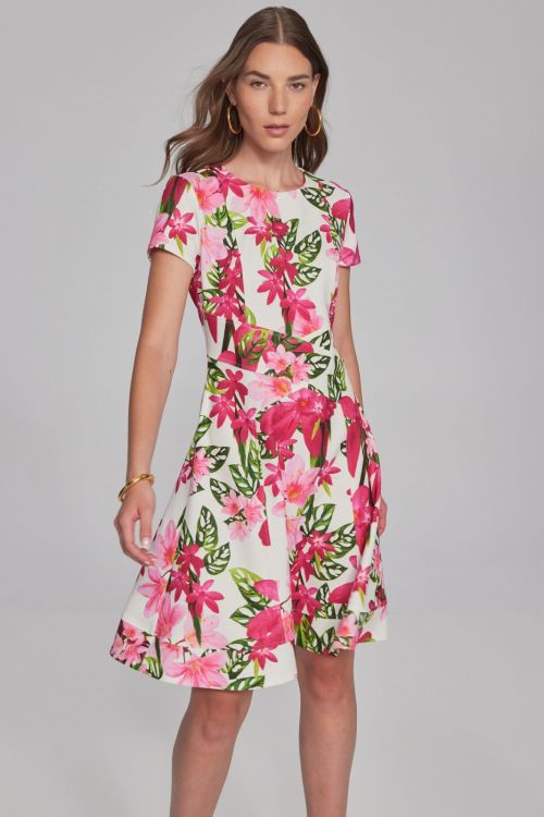 Joseph Ribkoff Vanilla/Multi Floral Print Fit-And-Flare Dress Style 241789