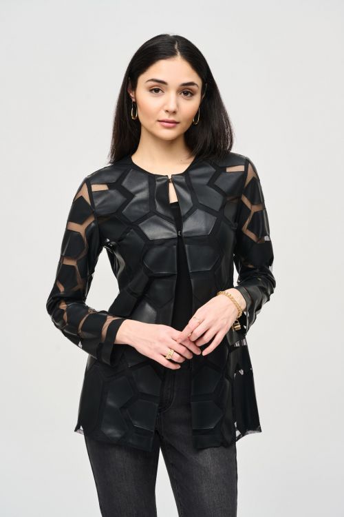 Joseph Ribkoff Vanilla/Black Laser-Cut Leatherette on Mesh Jacket Style 241905