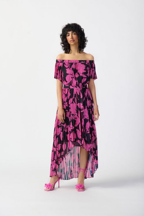 Joseph Ribkoff Black/Pink Off-Shoulder Pleated Dress Style 241908