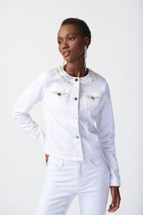 Joseph Ribkoff White Denim Jacket with Embellished Pockets Style 241912