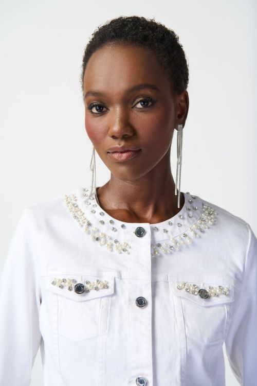 Joseph Ribkoff White Denim Jacket with Embellished Pockets Style 241912