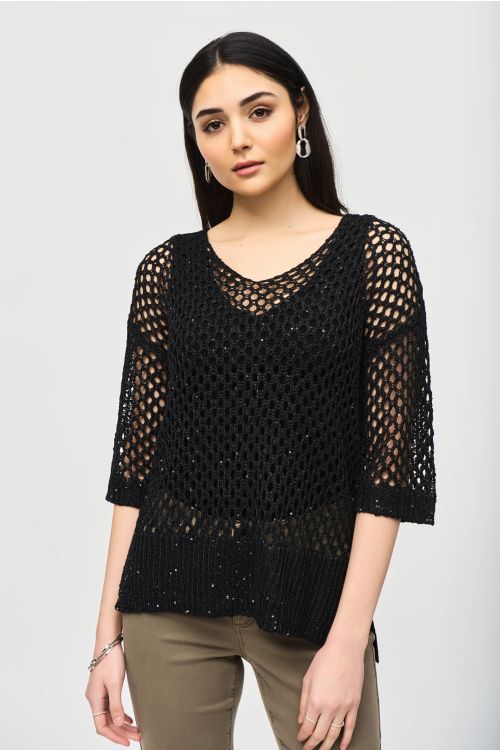 Joseph Ribkoff Black Open Stitch Sweater with Sequins Style 241922