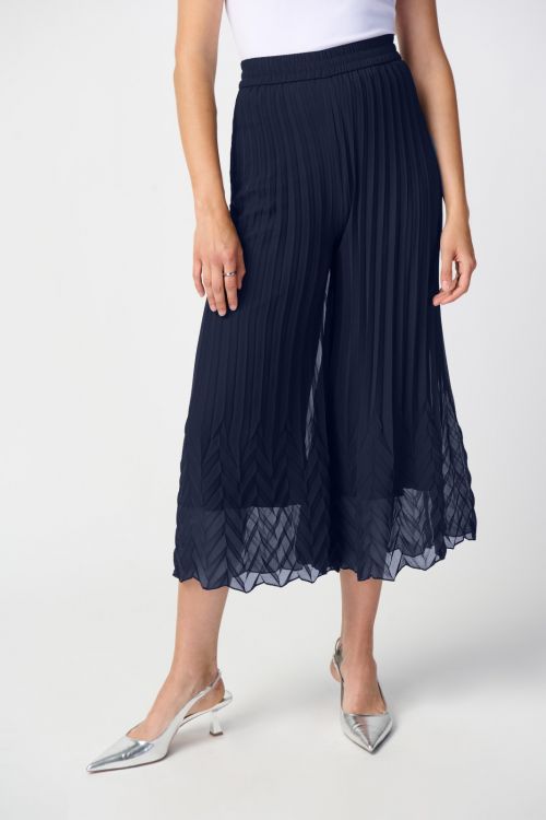 Joseph Ribkoff Midnight Blue Chiffon Pleated Pull-On Culotte Pants Style 241931