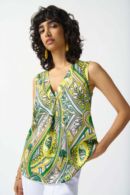 Joseph Ribkoff Vanilla/Multi Paisley Print Sleeveless Flared Top Style 242002