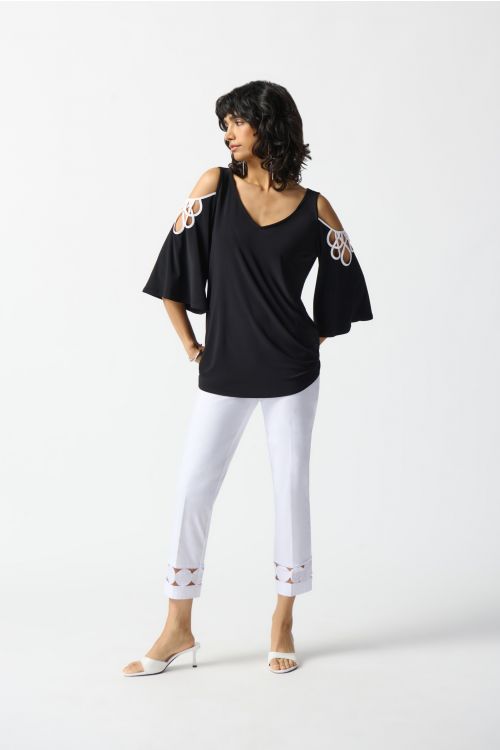 Joseph Ribkoff Black/Off-White Cold Shoulder A-Line Top Style 242017