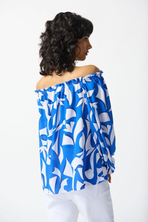 Joseph Ribkoff Blue/Vanilla Abstract Print Off-the-Shoulder Top Style 242028