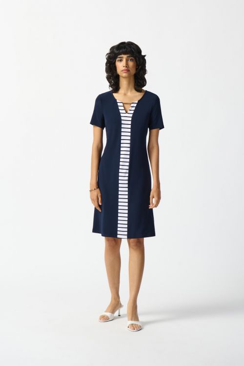 Joseph Ribkoff Midnight Blue/Vanilla Stripe Combo Shift Dress Style 242068