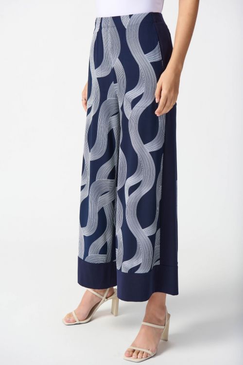 Joseph Ribkoff Midnight Blue/Vanilla Abstract Print Wide-Leg Pants Style 242144