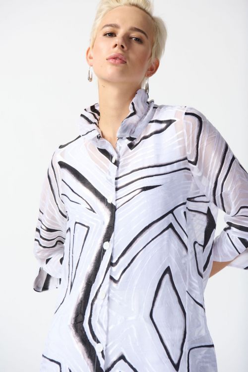 Joseph Ribkoff White/Black Abstract Print A-Line Blouse Style 242171