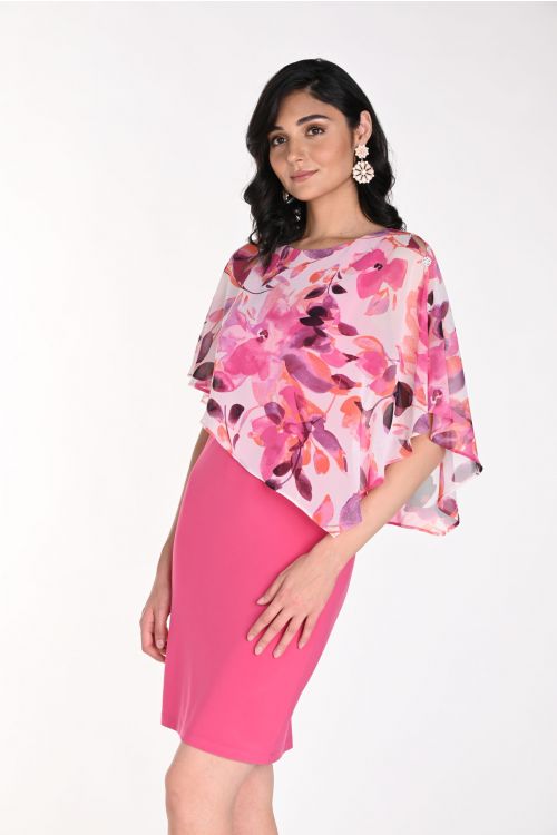 Frank Lyman Off-White/Pink Dress with Floral Print Chiffon Overlay Style 242172