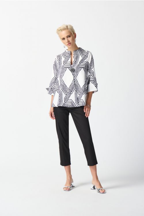 Joseph Ribkoff Vanilla/Black Geometric Print Trapeze Jacket Style 242185