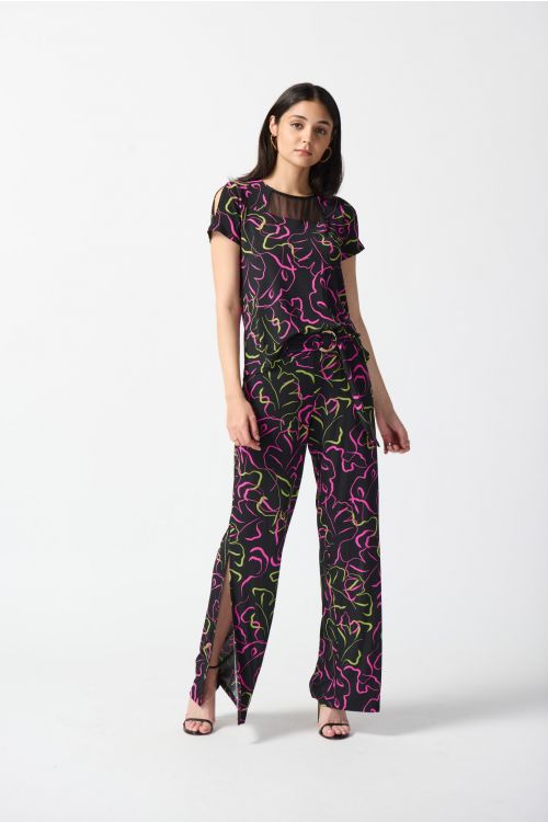 Joseph Ribkoff Black/Multi Leaf Print Wide-Leg Pants Style 242221