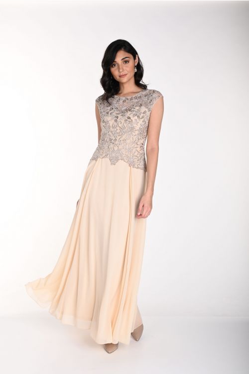 Frank Lyman Champagne Sleeveless Long Dress Style 242303I