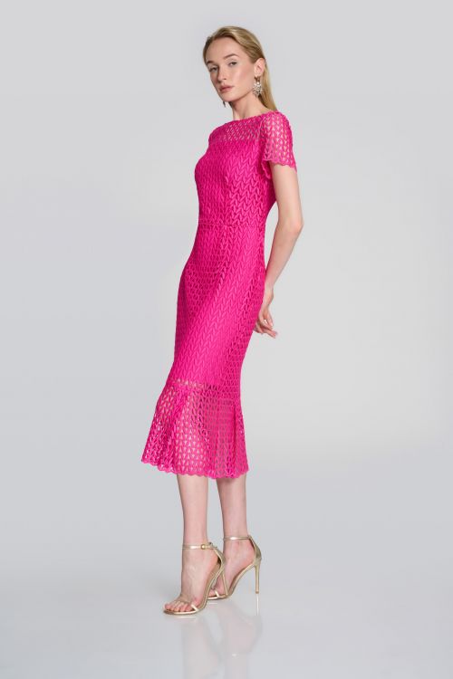 Joseph Ribkoff Shocking Pink Guipure Lace Flounce Dress Style 242704